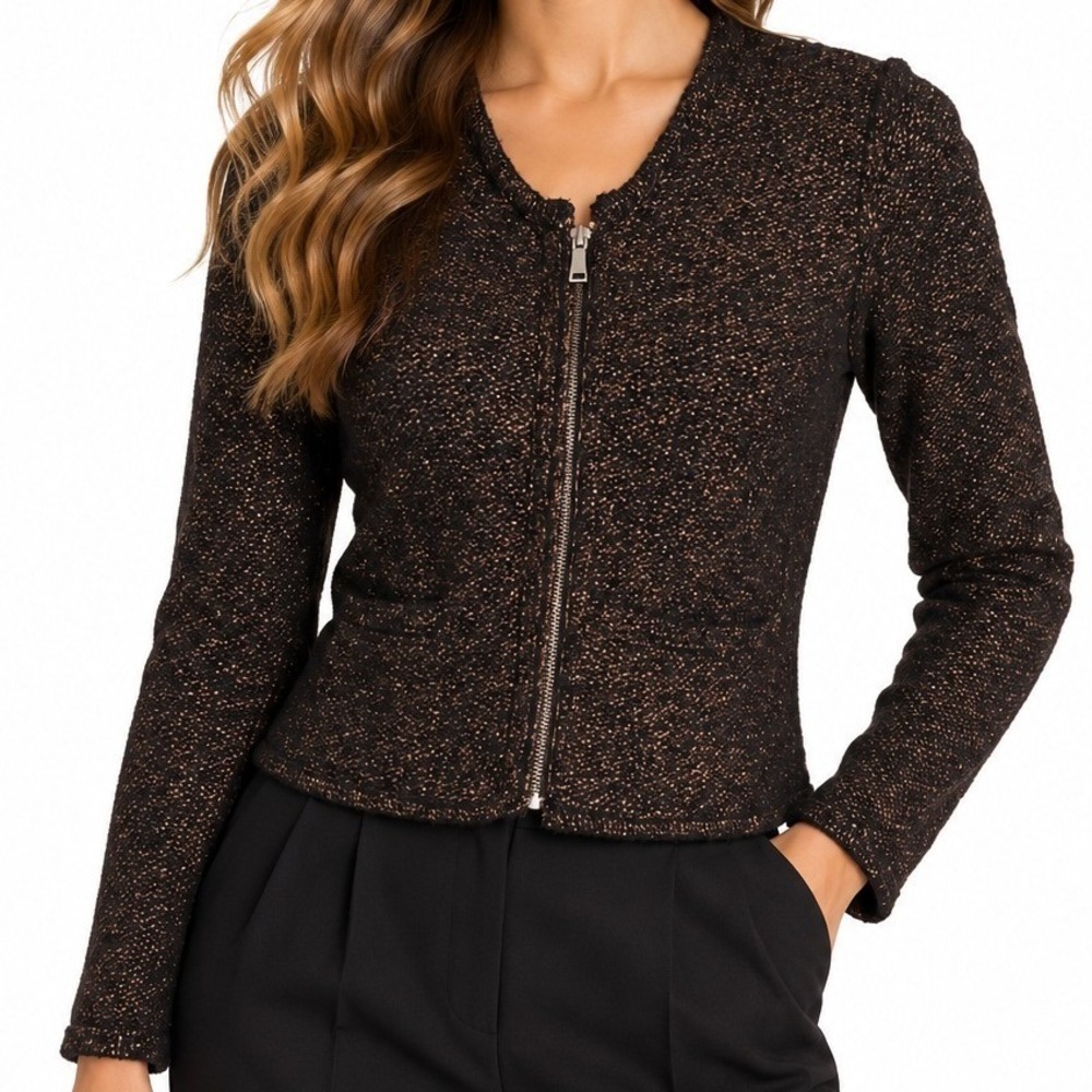 Sonia by Sonia Rykiel Metallic Wool Blend Zip Jacket Black Chocolate Bronze M